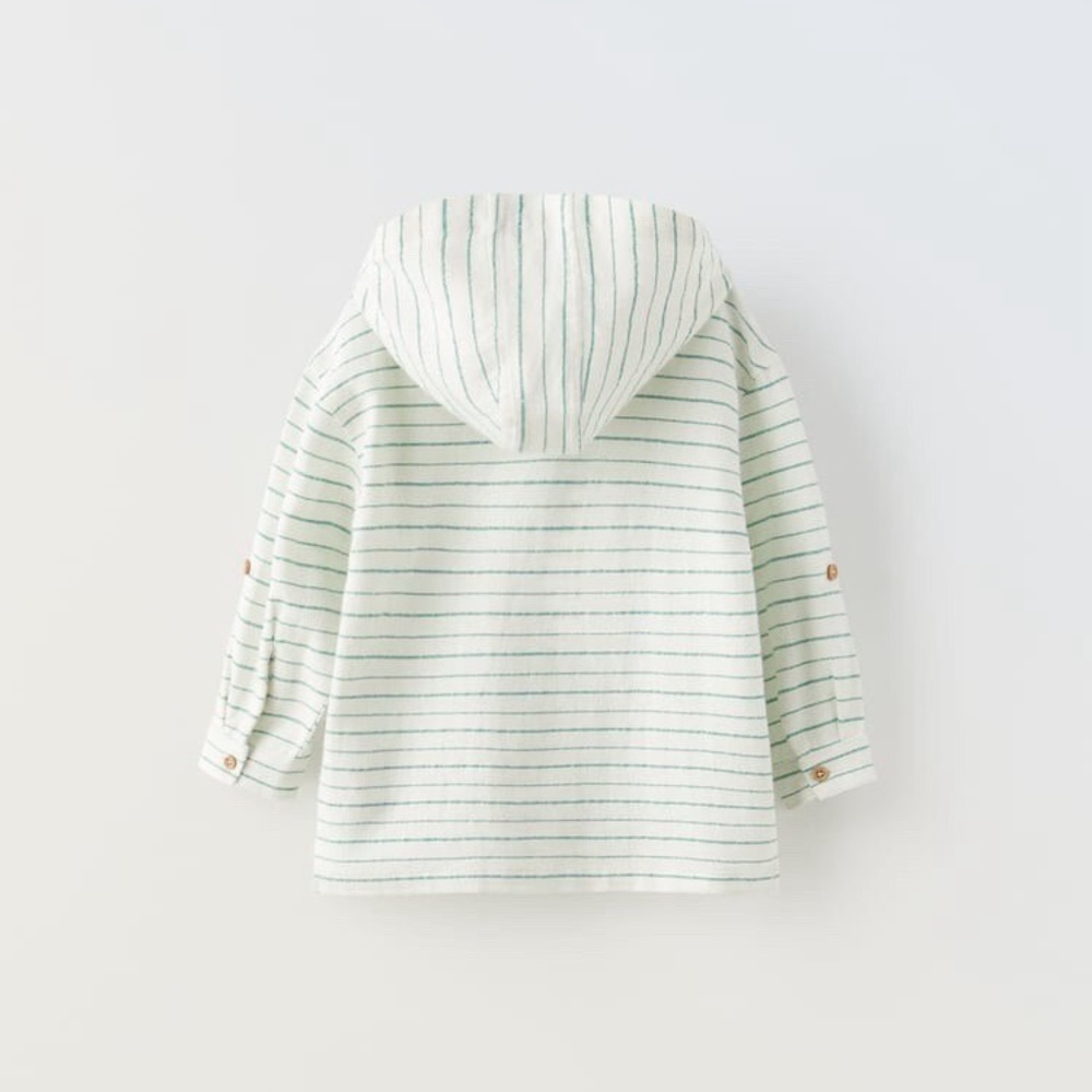 Zara Kids Boys Green Striped Cotton Linen Shirt Hood Henley Beach Vacation 2-3